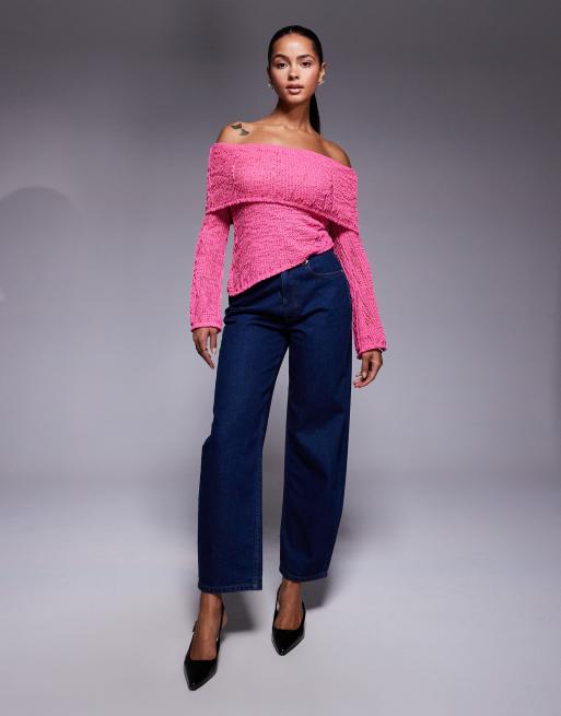 ASOS DESIGN crochet semi sheer bardot top with asymmetric hem in bright pink