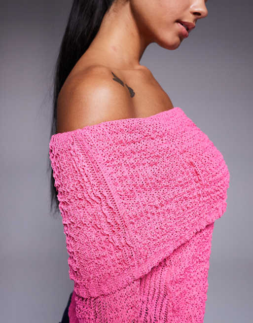 ASOS DESIGN crochet semi sheer bardot top with asymmetric hem in bright pink, 3 of 4