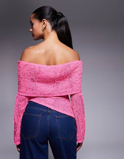 ASOS DESIGN crochet semi sheer bardot top with asymmetric hem in bright pink