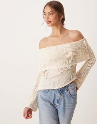 ASOS DESIGN crochet semi-sheer bardot top with asymmetric hem in cream - view 1