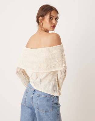 Asos Design Crochet Semi Sheer Bardot Top With Asymmetric Hem In Neutral