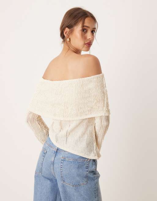 ASOS DESIGN crochet semi sheer bardot top with asymmetric hem in cream