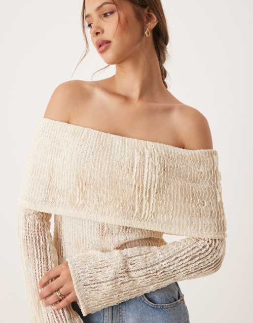 ASOS DESIGN crochet semi sheer bardot top with asymmetric hem in cream