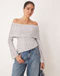[ASOS DESIGN] ASOS DESIGN crochet semi sheer bardot top with asymmetric hem in grey-Brown S Grey