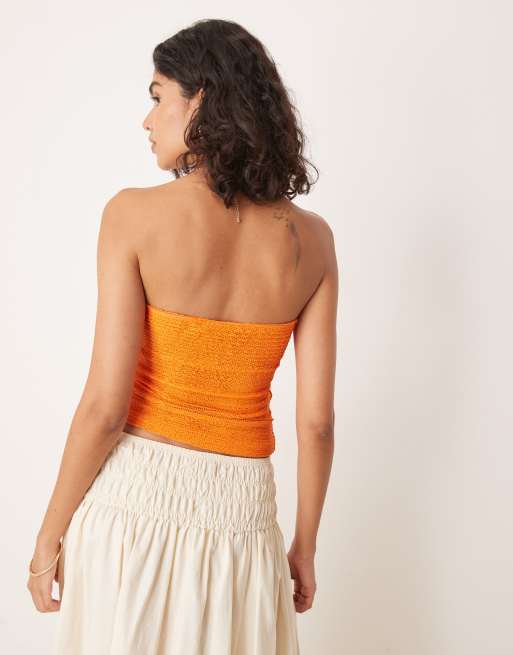 ASOS DESIGN crochet semi sheer longline bandeau top in orange, 4 of 4