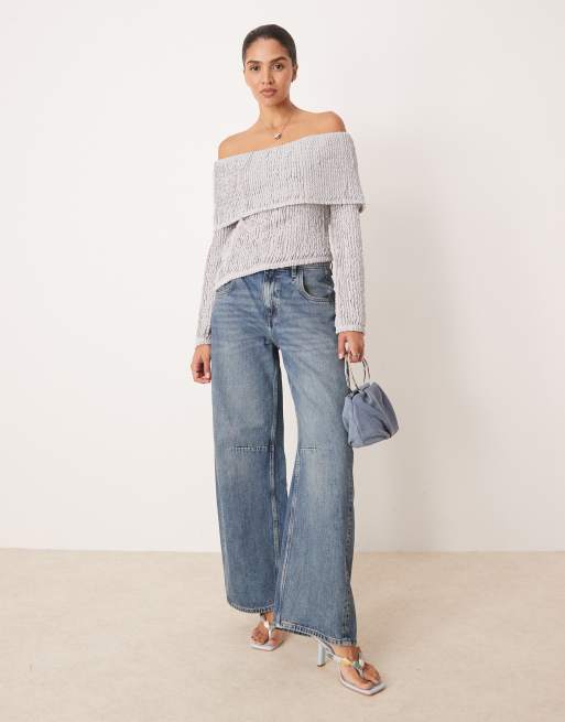 ASOS DESIGN crochet semi sheer off the shoulder top with asymmetric hem in gray