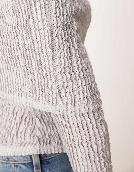 ASOS DESIGN crochet semi sheer off the shoulder top with asymmetric hem in gray, 3 of 4