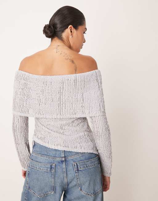 ASOS DESIGN crochet semi sheer off the shoulder top with asymmetric hem in gray