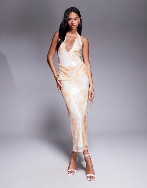 ASOS DESIGN crochet sequin halter maxi dress in orange - view 1