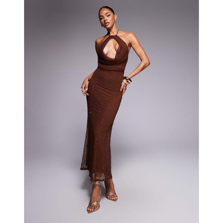 ASOS DESIGN crochet sequin halter maxi dress with cut out in brown