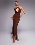 [ASOS DESIGN] ASOS DESIGN crochet sequin halter maxi dress with cut out in brown 10 Brown