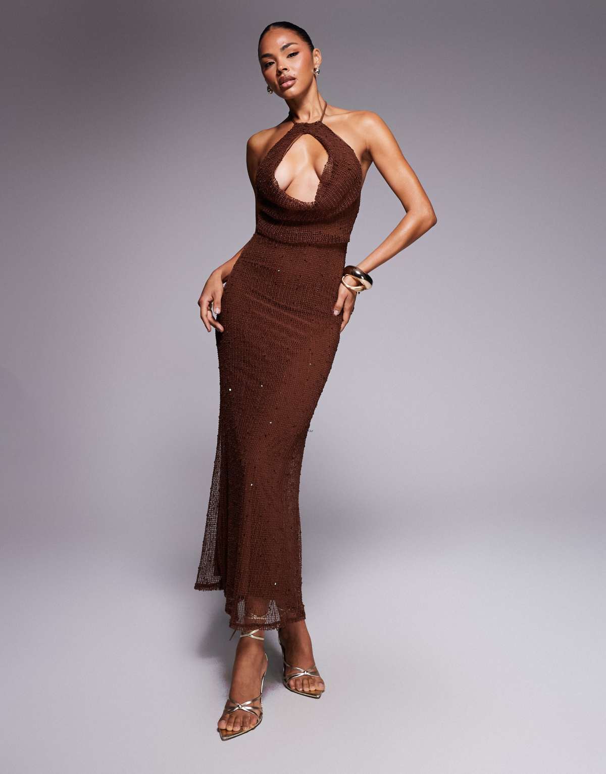 ASOS DESIGN crochet sequin halter maxi dress with cut out in brown