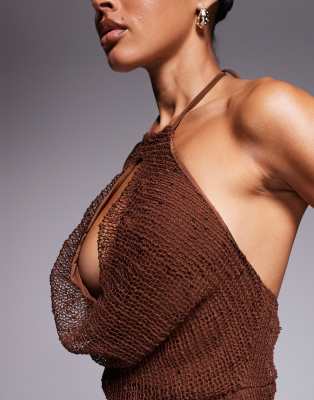 Asos Design Crochet Sequin Halter Maxi Dress With Cut Out In Brown