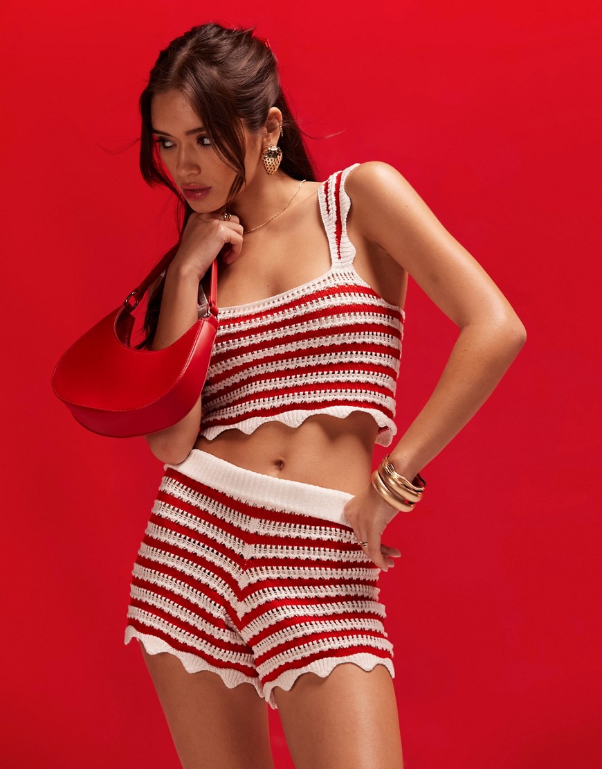 Asos Design Crochet Shorts In Red Stripe - Part Of A Set