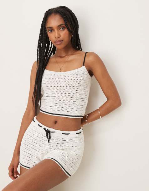 ASOS DESIGN crochet shorts with contrast tie in ecru (Part of a set) - view 1