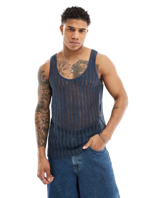 ASOS DESIGN crochet singlet in navy with scoop neck  