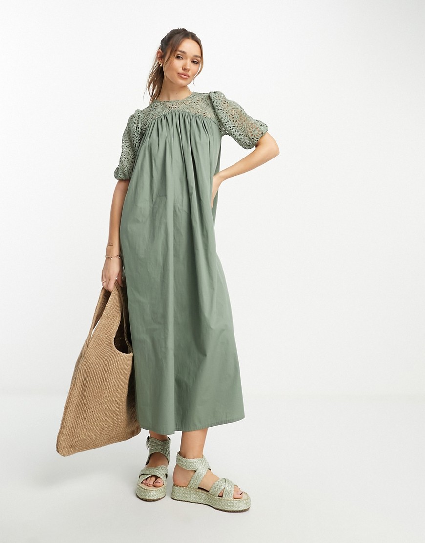 ASOS DESIGN crochet sleeve and neck detail midi smock dress in sage green