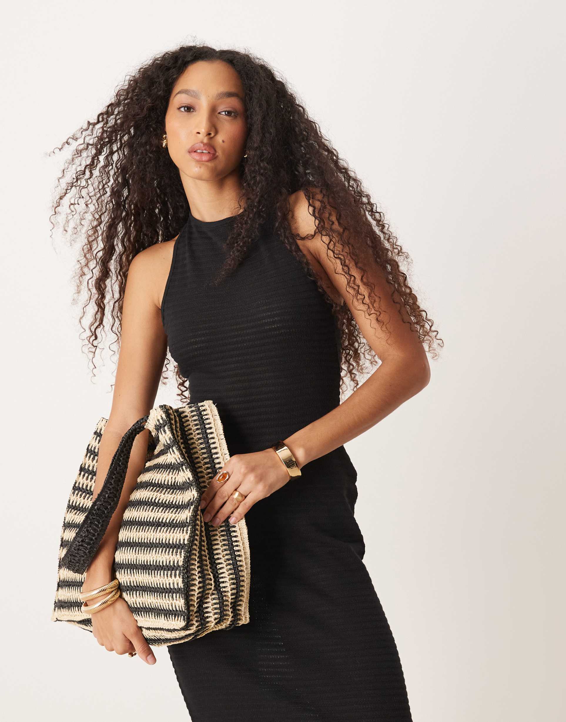 asos design crochet sleeveless elastic back midi dress in black