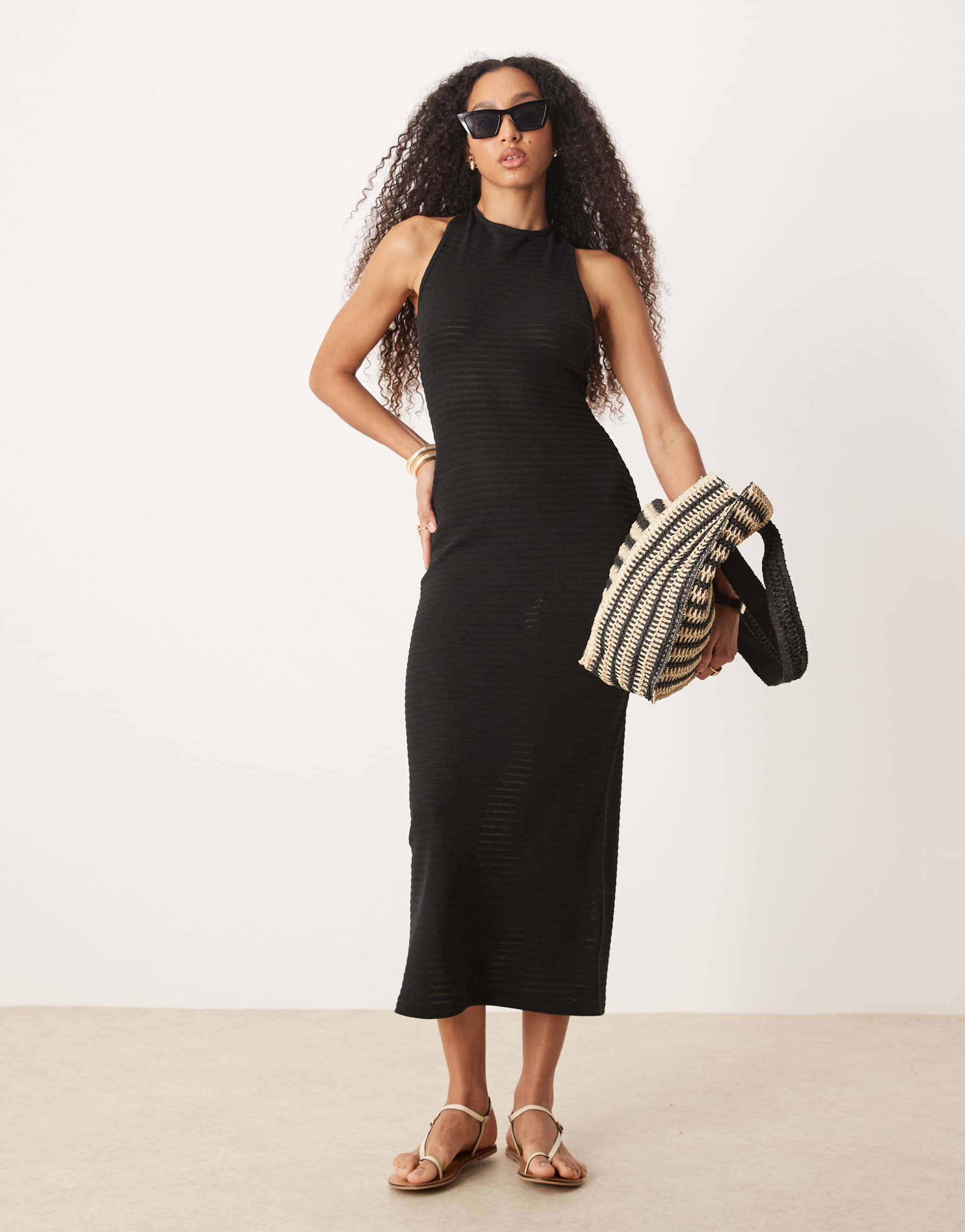 asos design crochet sleeveless elastic back midi dress in black