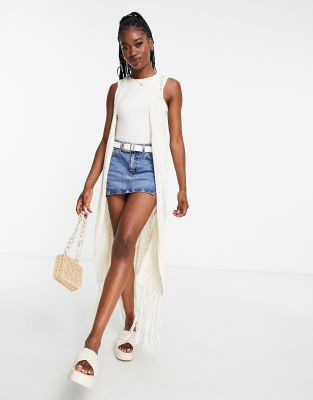 ASOS DESIGN crochet sleeveless maxi festival cardigan with fringe detail in cream-White