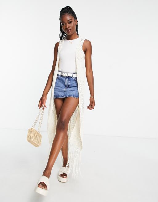 ASOS DESIGN crochet sleeveless maxi festival cardigan with fringe detail in  cream