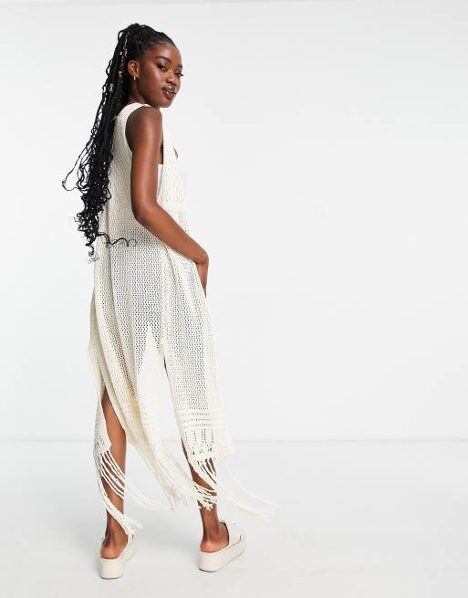 ASOS DESIGN crochet sleeveless maxi festival cardigan with fringe