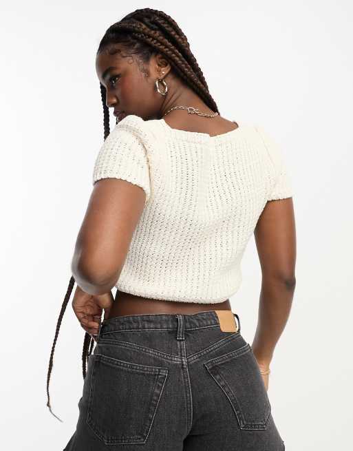 ASOS DESIGN crochet square neck crop top in cream