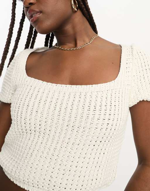 ASOS DESIGN crochet square neck crop top in cream, 4 of 4