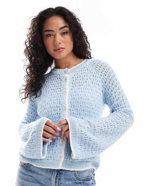ASOS DESIGN crochet stitch cardigan with blanket stitch in light blue - view 1