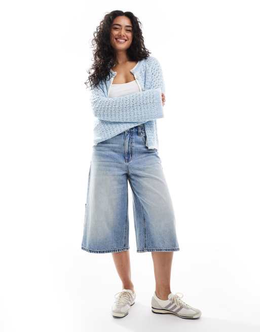 ASOS DESIGN crochet stitch cardigan with blanket stitch in light blue
