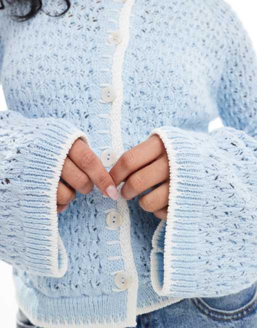 ASOS DESIGN crochet stitch cardigan with blanket stitch in light blue