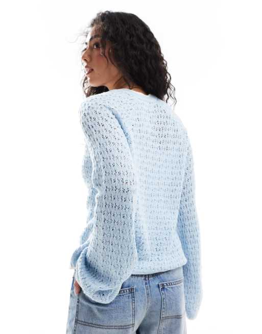 ASOS DESIGN crochet stitch cardigan with blanket stitch in light blue