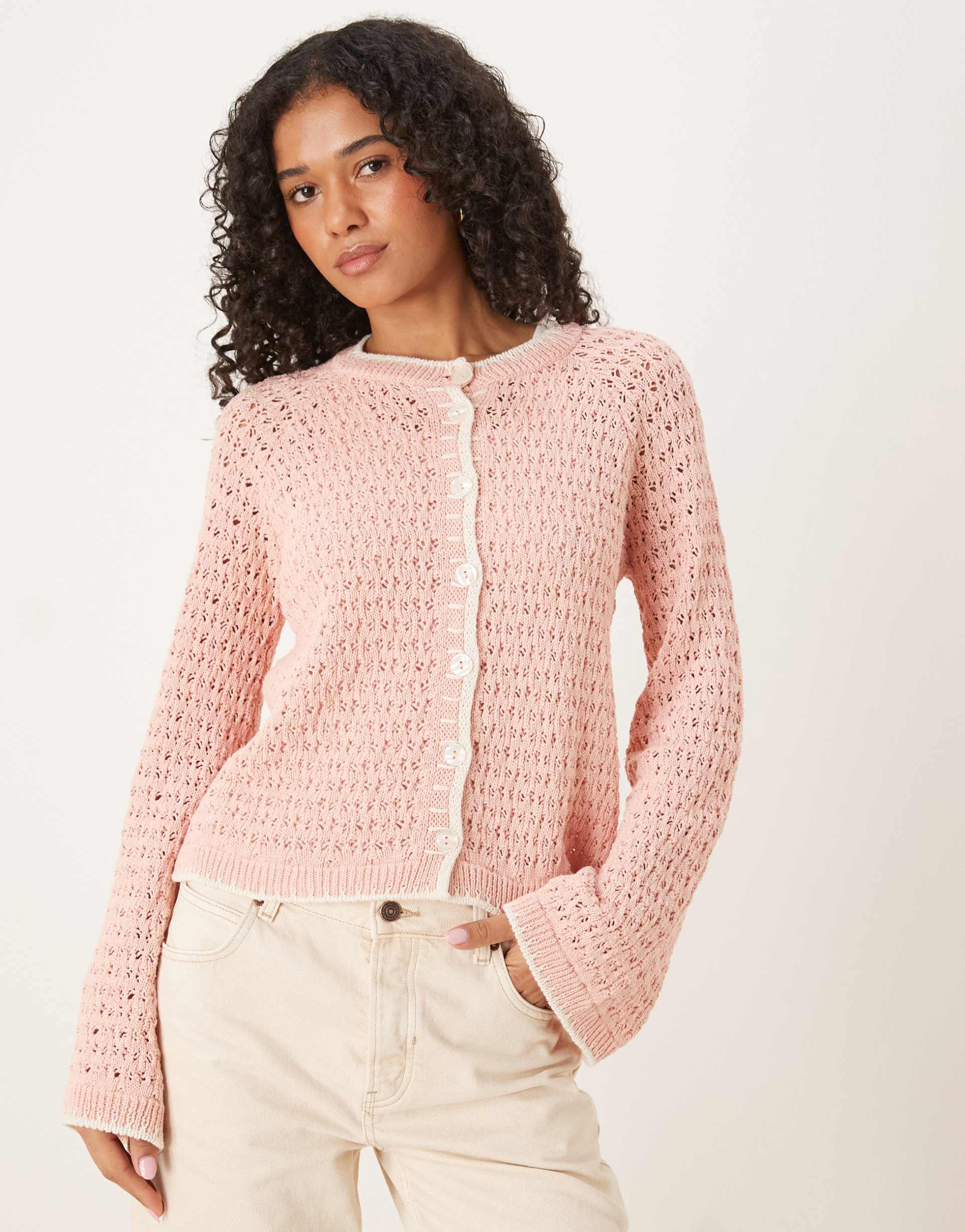asos design crochet stitch cardigan with blanket stitch in light pink