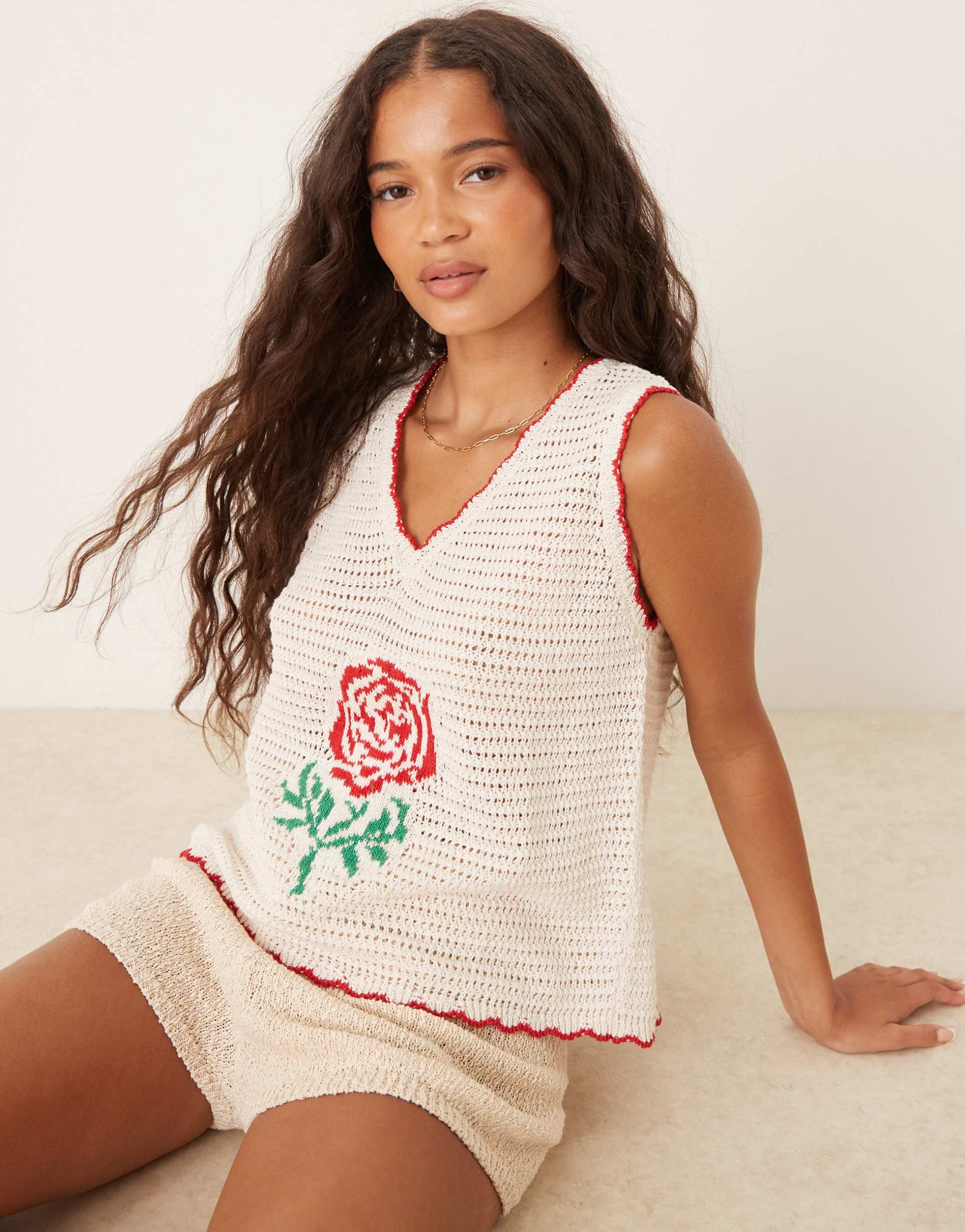 asos design crochet stitch knit top with rose motif in ecru