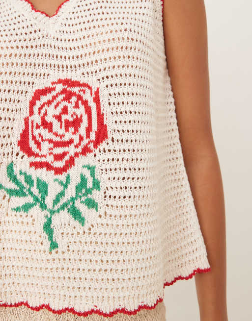 ASOS DESIGN crochet stitch knit top with rose motif in ecru, 3 of 4