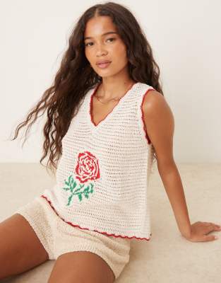 ASOS DESIGN crochet stitch knitted top with rose motif in ecru - view 1