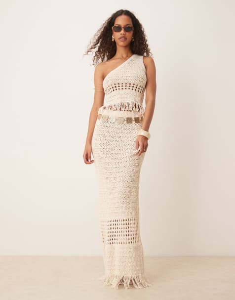 ASOS DESIGN crochet stitch one shoulder top & maxi skirt with fringing co-ord in stone - view 1
