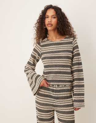 Asos Design Crochet Stitch Open Tie Back Long Sleeve Top In Neutral