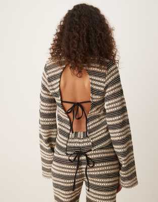 Asos Design Crochet Stitch Open Tie Back Long Sleeve Top In Neutral