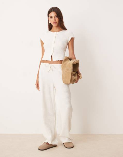 ASOS DESIGN crochet straight leg pants with tie waist in cream (part of a set) - view 1