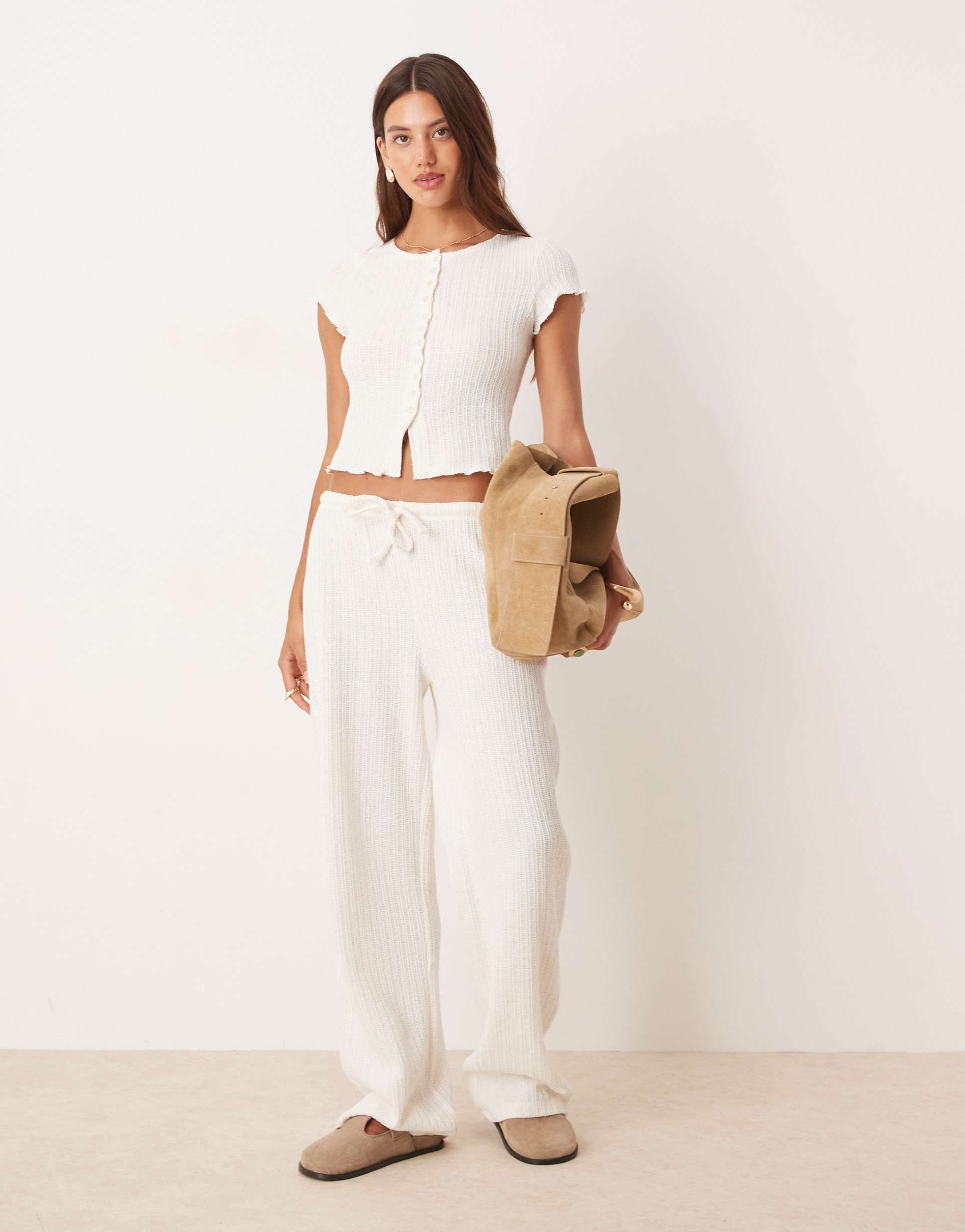 asos design crochet straight leg pants with tie waist in cream - part of a set