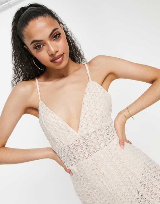 ASOS DESIGN crochet strappy plunge wide leg jumpsuit in cream