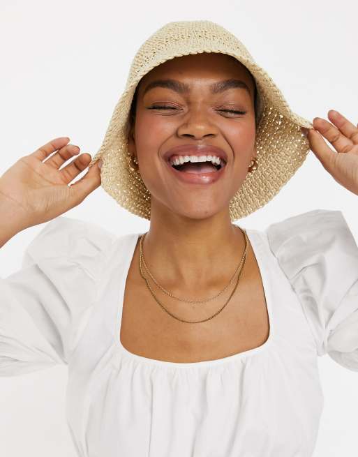 ASOS DESIGN crochet straw bucket hat in beige ASOS