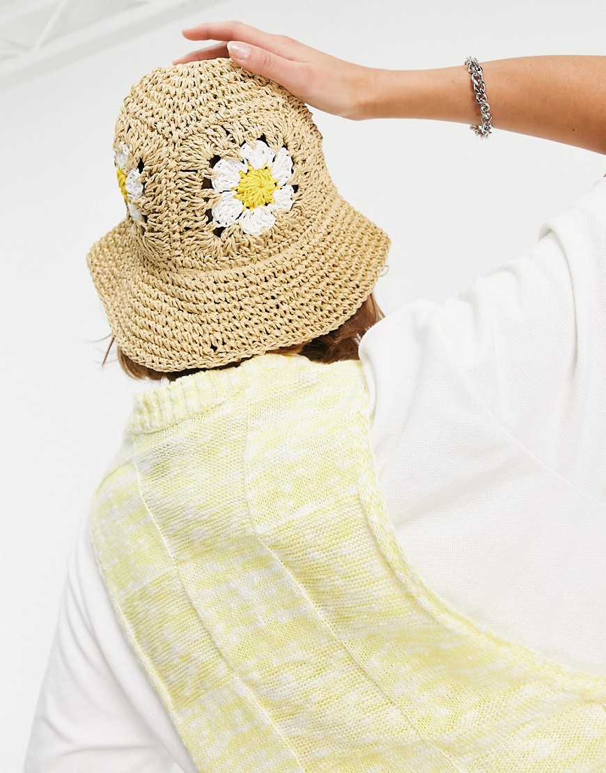 Asos Design Crochet Straw Bucket Hat With Flower And Size Adjuster In Natural-brown
