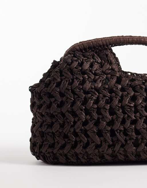 ASOS DESIGN crochet straw frame clutch bag In chocolate, 4 of 4
