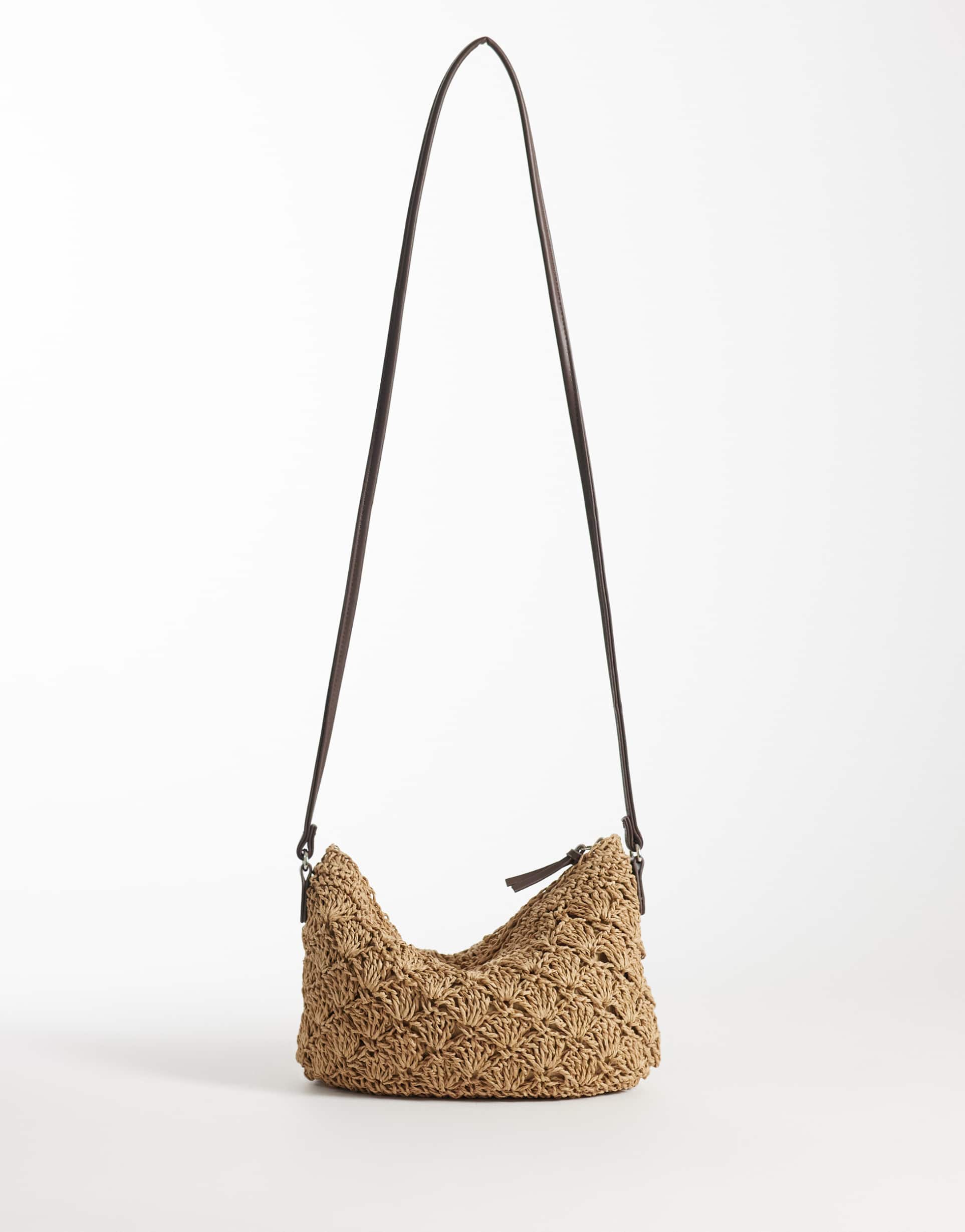 asos design crochet straw shell crossbody bag in natural