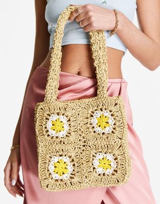 ASOS DESIGN crochet straw sunflower tote in natural | ASOS