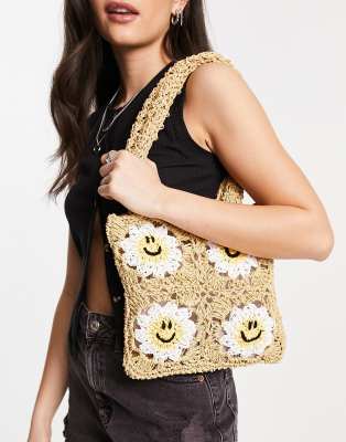 ASOS DESIGN crochet sunny happy face tote bag in natural