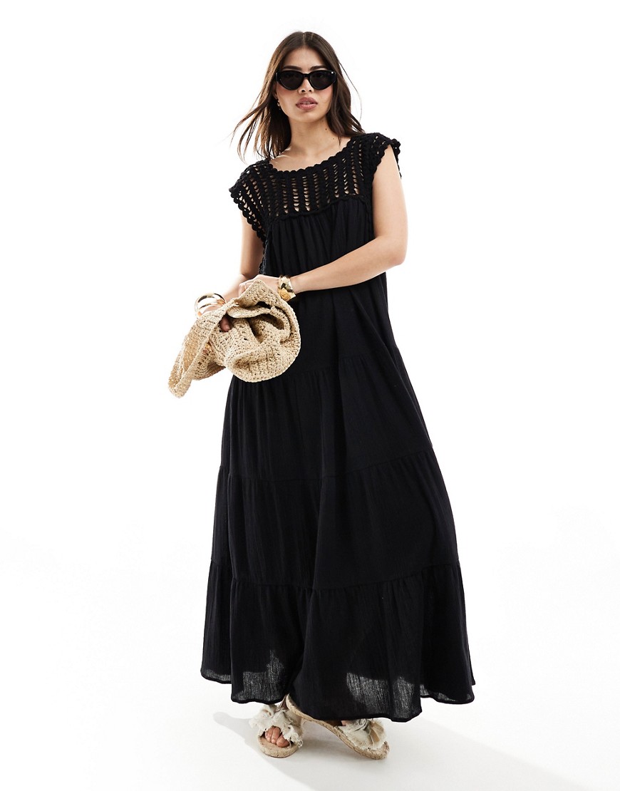 crochet swing tiered maxi dress in black