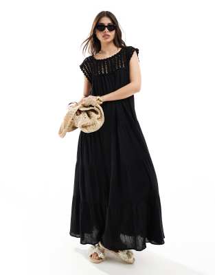 asos design crochet swing tiered maxi dress in black